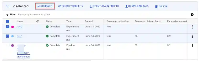 Vertex AI select runs