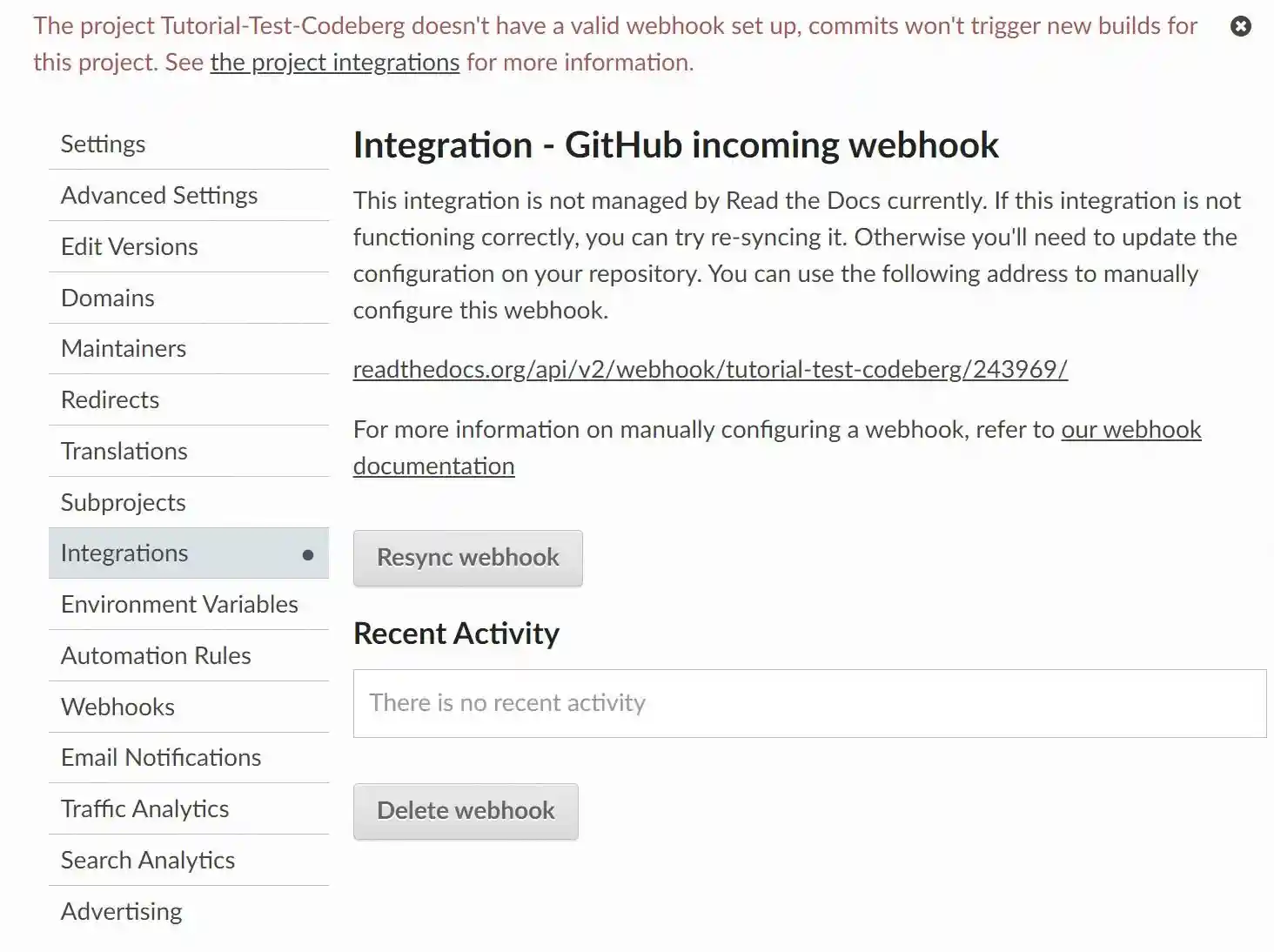 Open the admin settings on ReadTheDocs