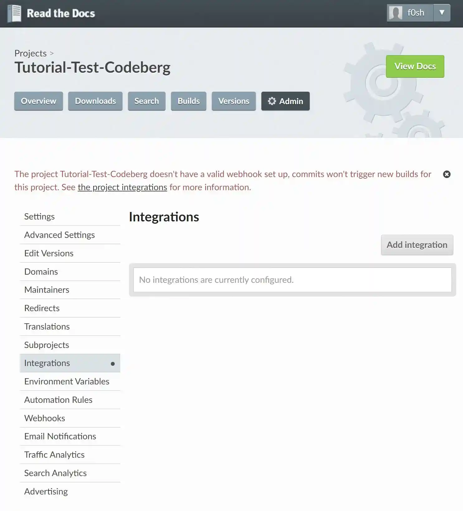 Open the admin settings on ReadTheDocs