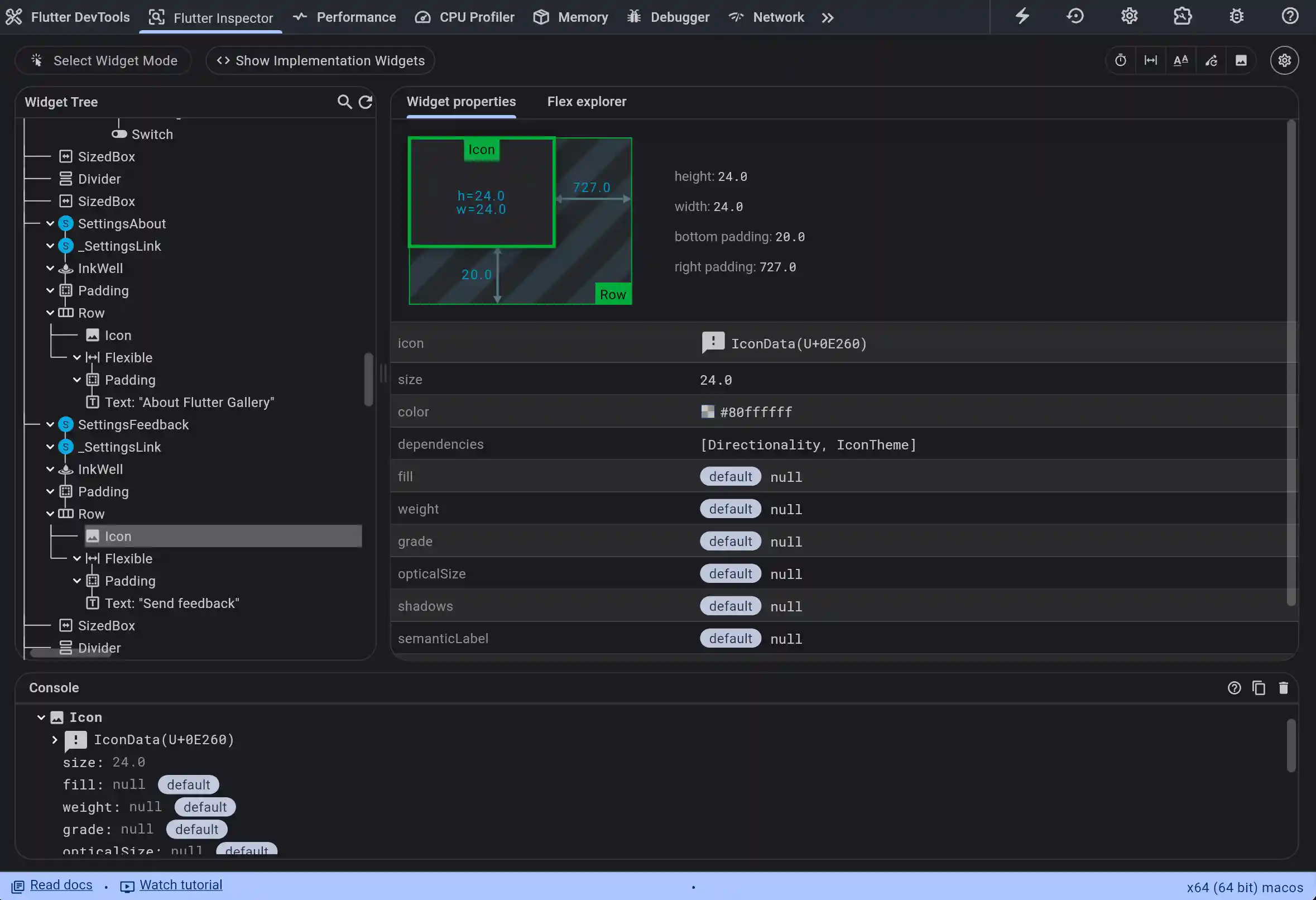 Screenshot of the Flutter inspector window