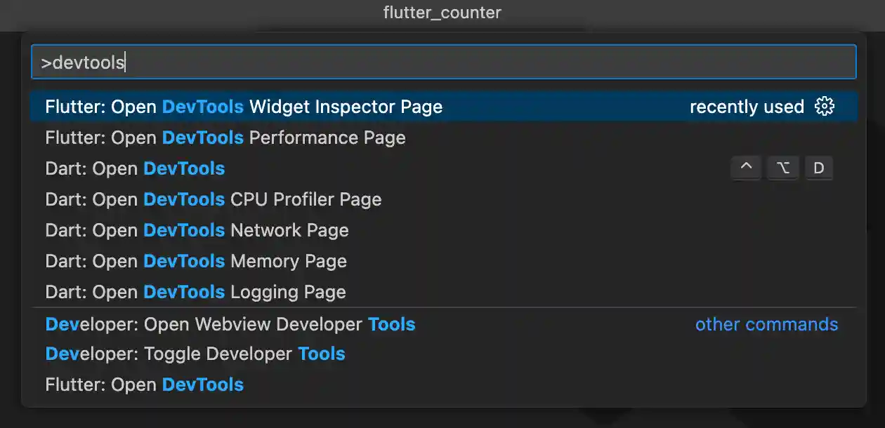 Screenshot showing Open DevTools commands