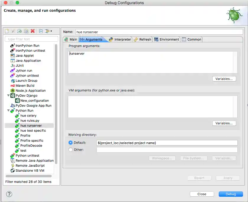 Eclipse debug arguments