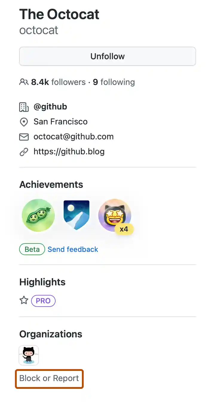 Screenshot of the sidebar of a user's profile page. A link, labeled "Block or report", is outlined in dark orange.