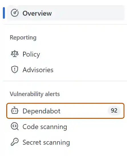 Screenshot of security overview, with the "Dependabot" tab highlighted with a dark orange outline.