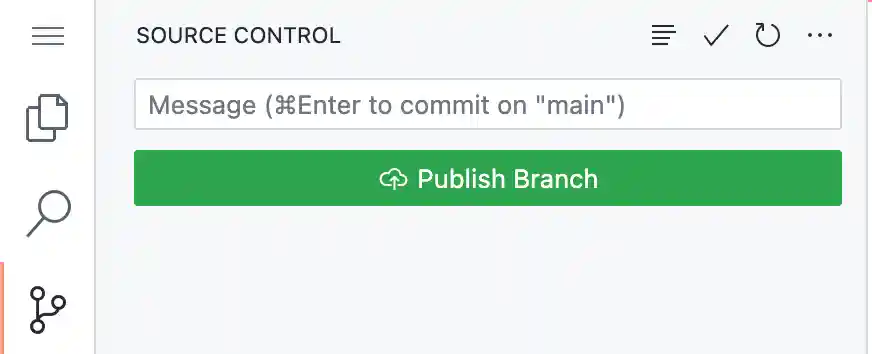 Screenshot of the "Source control" side bar showing the "Publish Branch" button.