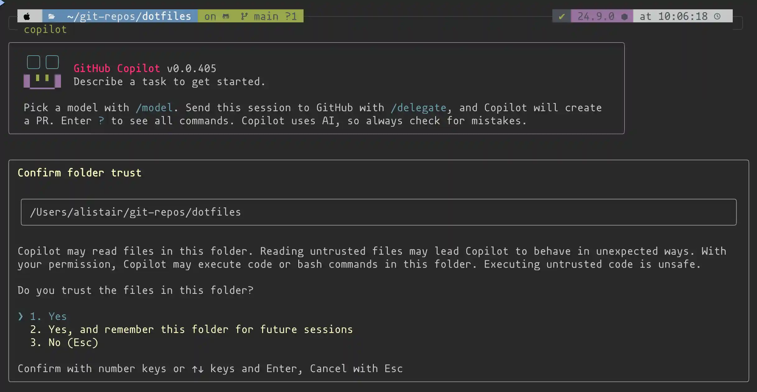 Screenshot of the Welcome message in the interactive interface of Copilot.