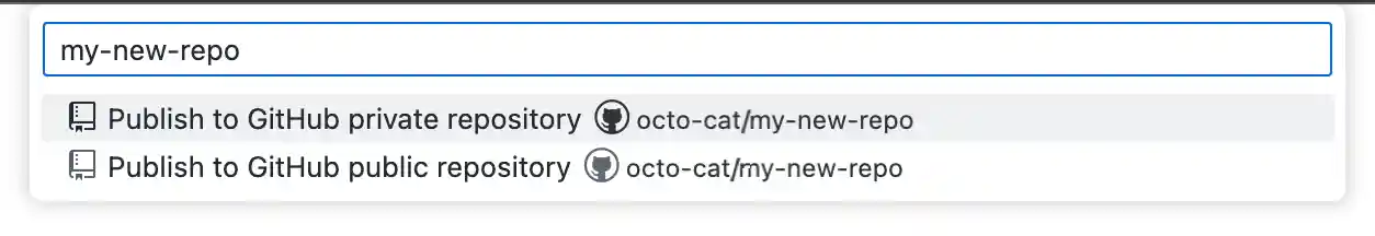 Screenshot of the repository name dropdown in VS Code. Two options are shown, for publishing to a private or a public repository.
