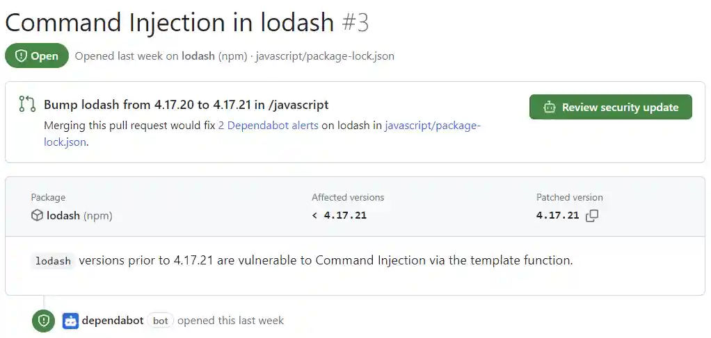 Screenshot of the detailed page of an alert in the demo repository, showing the main information.