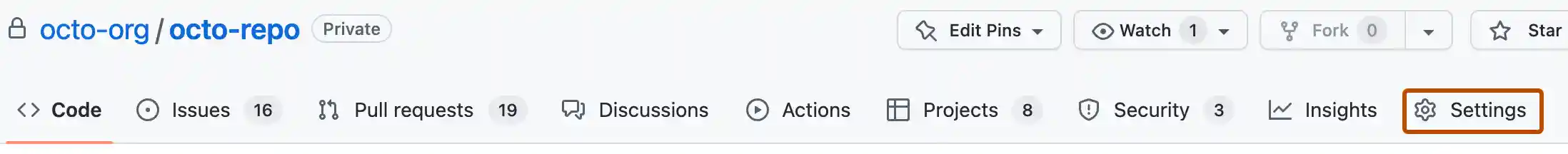 Screenshot of a repository header showing the tabs. The "Settings" tab is highlighted by a dark orange outline.