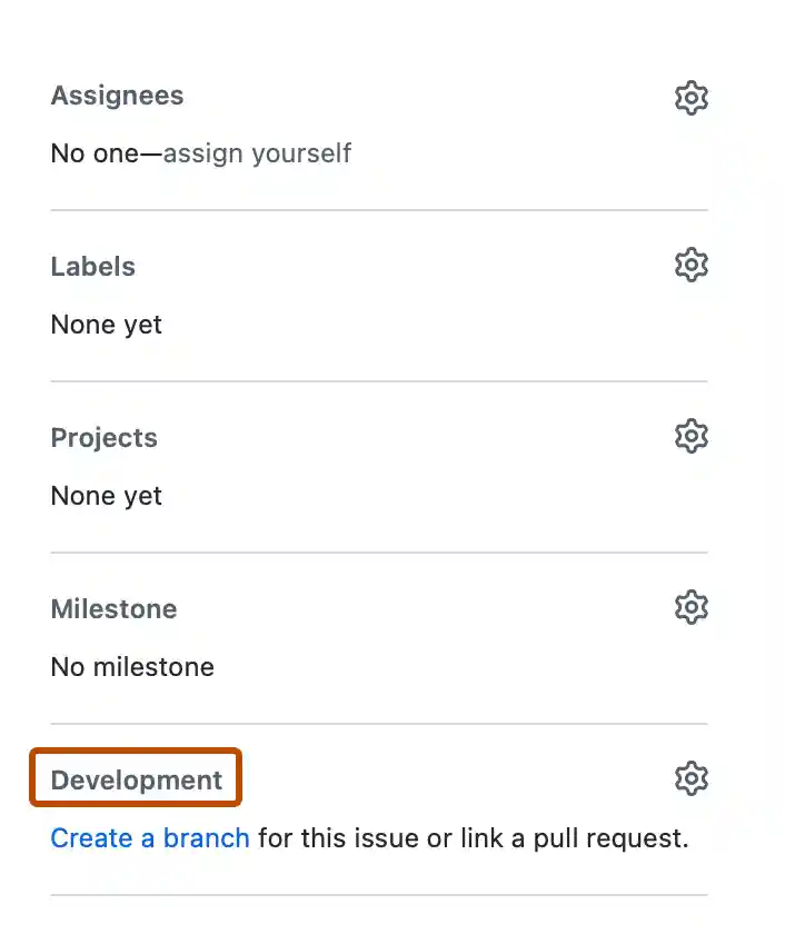 Screenshot of the issue sidebar. "Development" is outlined in dark orange.