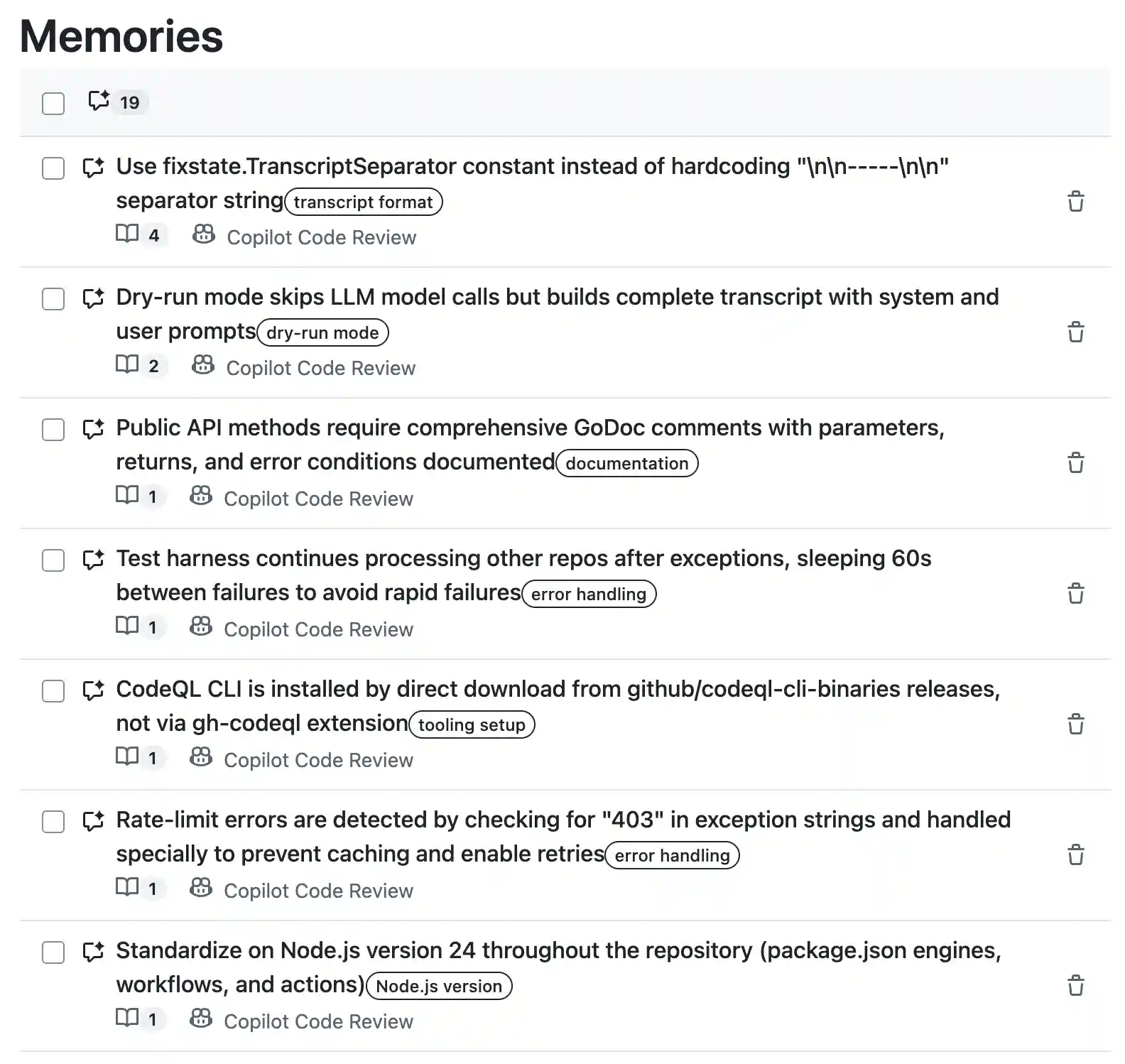 Screenshot of the "Memories" list showing an example set of memories.