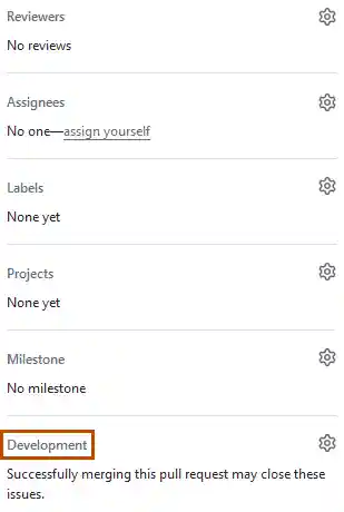 Screenshot of the issue sidebar. "Development" is outlined in dark orange.