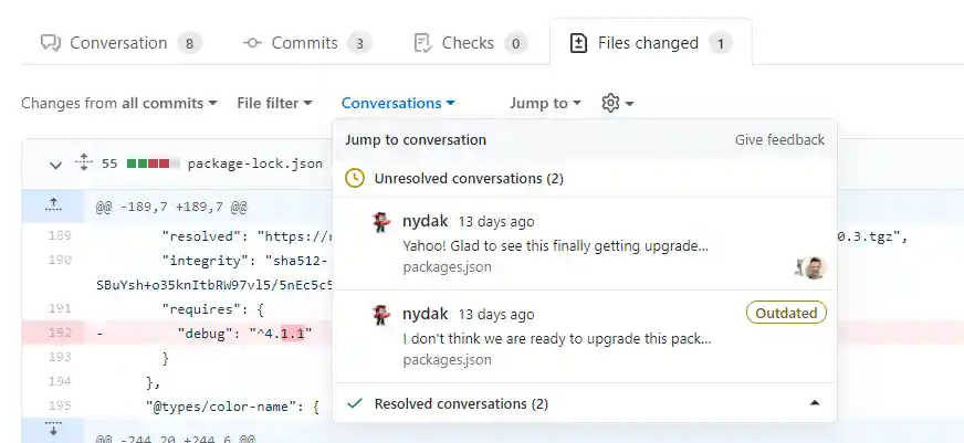 Screenshot of the "Conversations" menu on the "Files Changed" tab of a pull request.