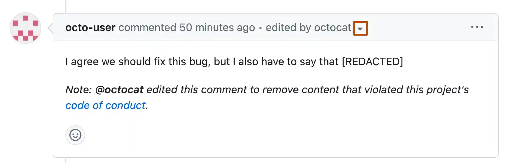 Screenshot of a comment by octo-user, which is partially redacted. In the header, next to "edited by octocat", a dropdown icon is outlined in orange.