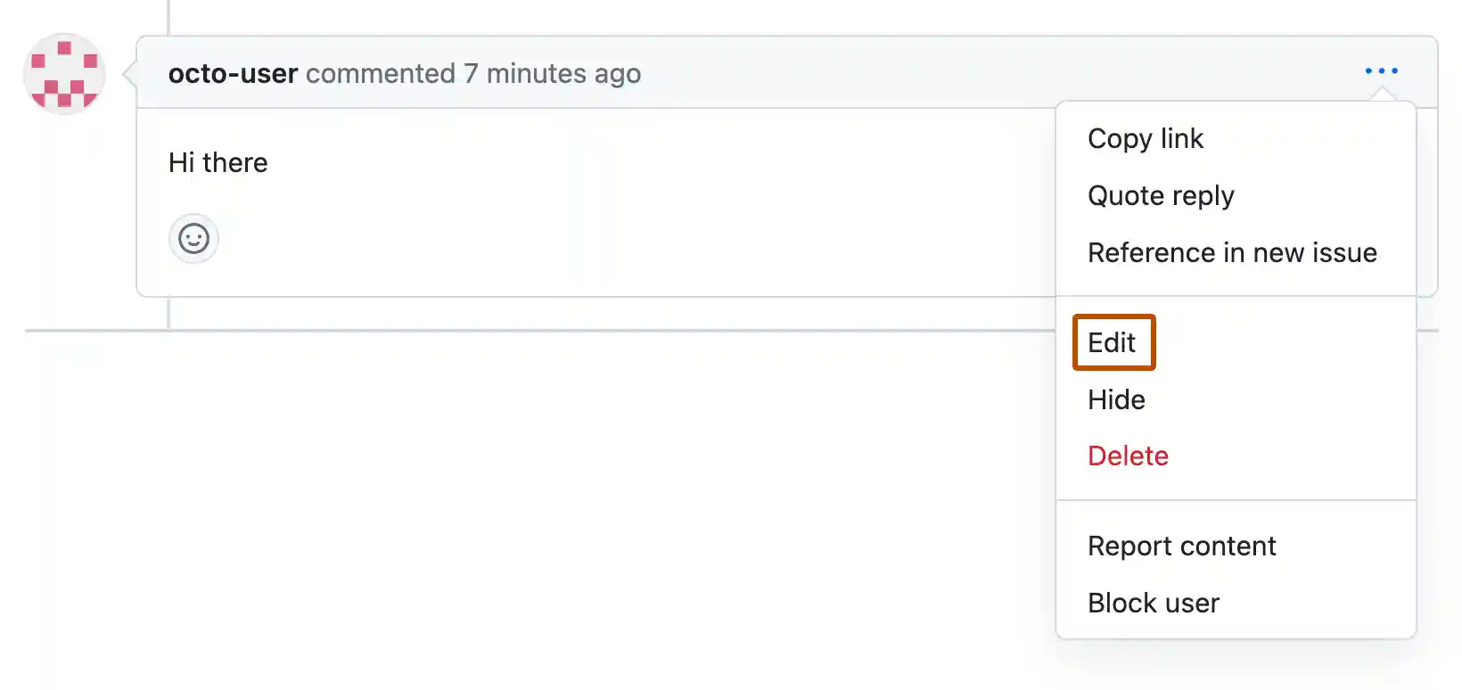 Screenshot of a pull request comment by octo-user. Below an icon of three dots, a dropdown menu is expanded, and "Edit" is outlined in orange.