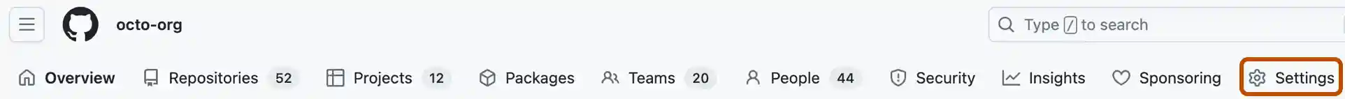 Screenshot of the tabs in an organization's profile. The "Settings" tab is outlined in dark orange.