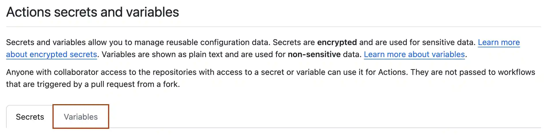 Screenshot of the "Actions secrets and variables" page. The "Variables" tab is outlined in dark orange.