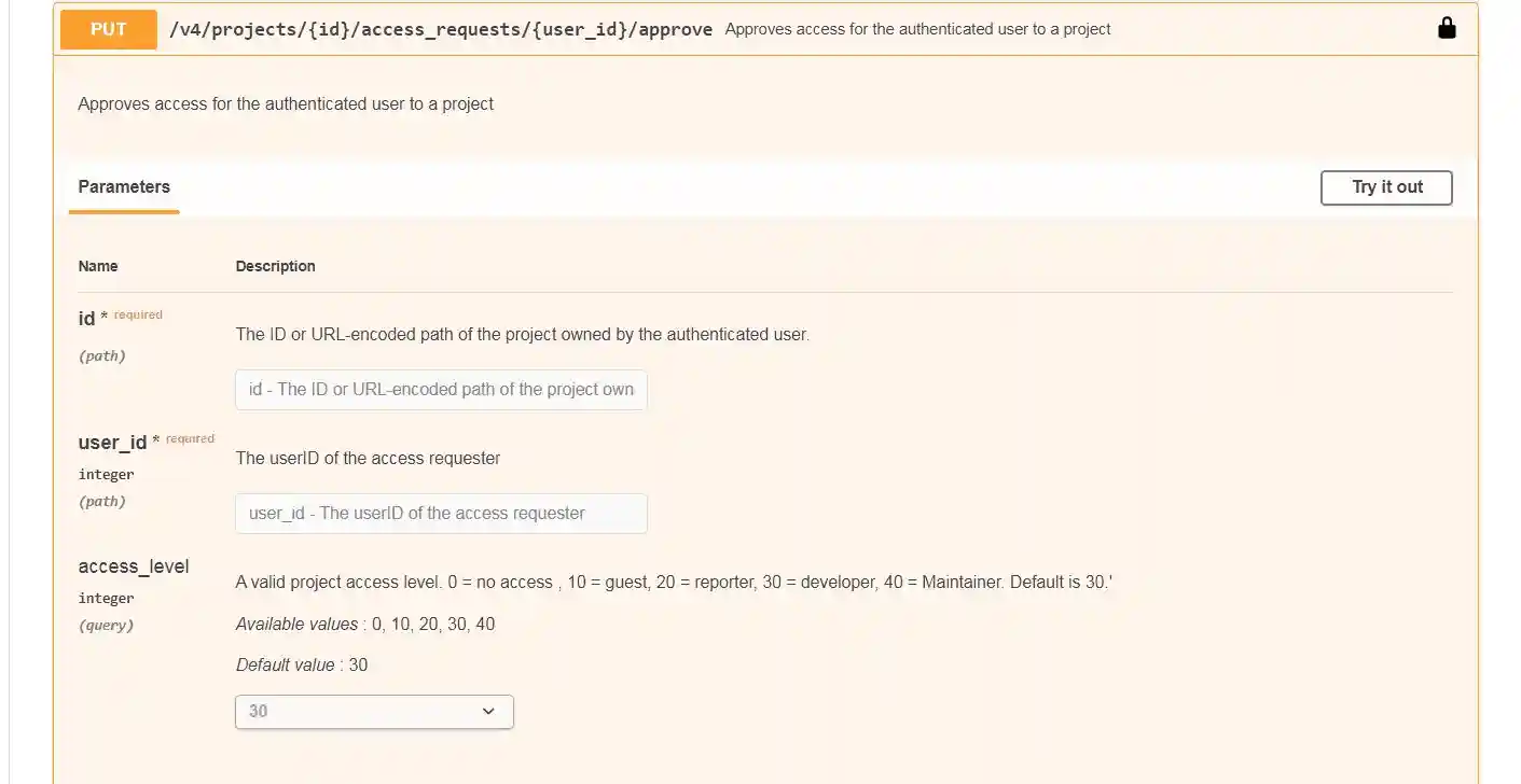 An expanded view that displays the endpoint information and the try it out option.