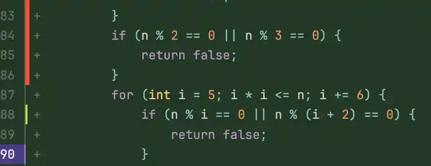 Merge request diff view showing coverage indicators with red bars for uncovered lines and green bars for covered lines.