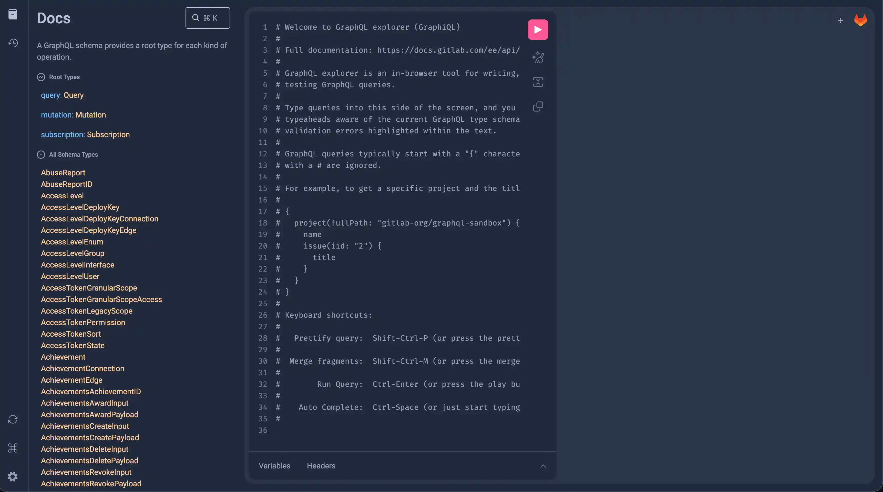 GraphiQL interface showing an entry in the Documentation Explorer
