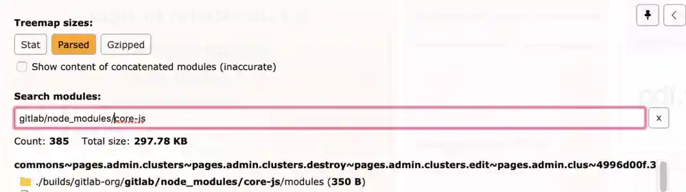 A list of core-js polyfills being loaded, including their count and total size, filtered by the Search modules field