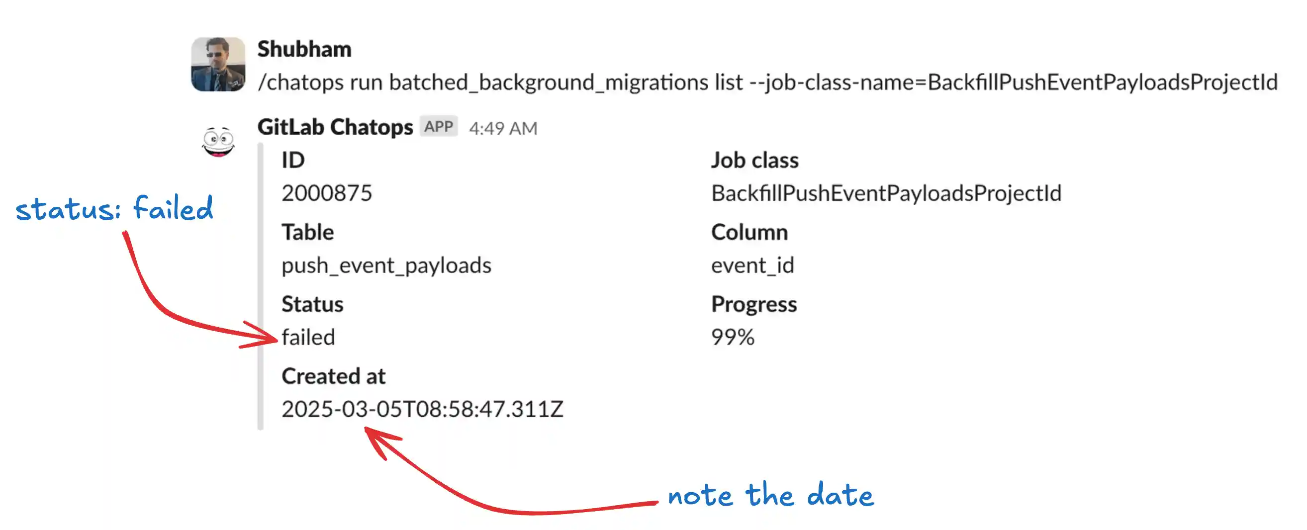 ChatOps output indicating a failed batched background migration status.