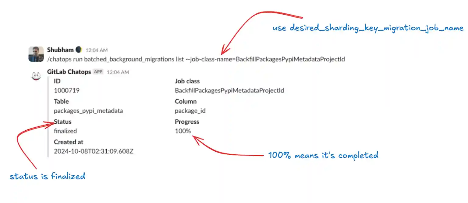 ChatOps response showing batched background migration status with progress percentage and batch counts.