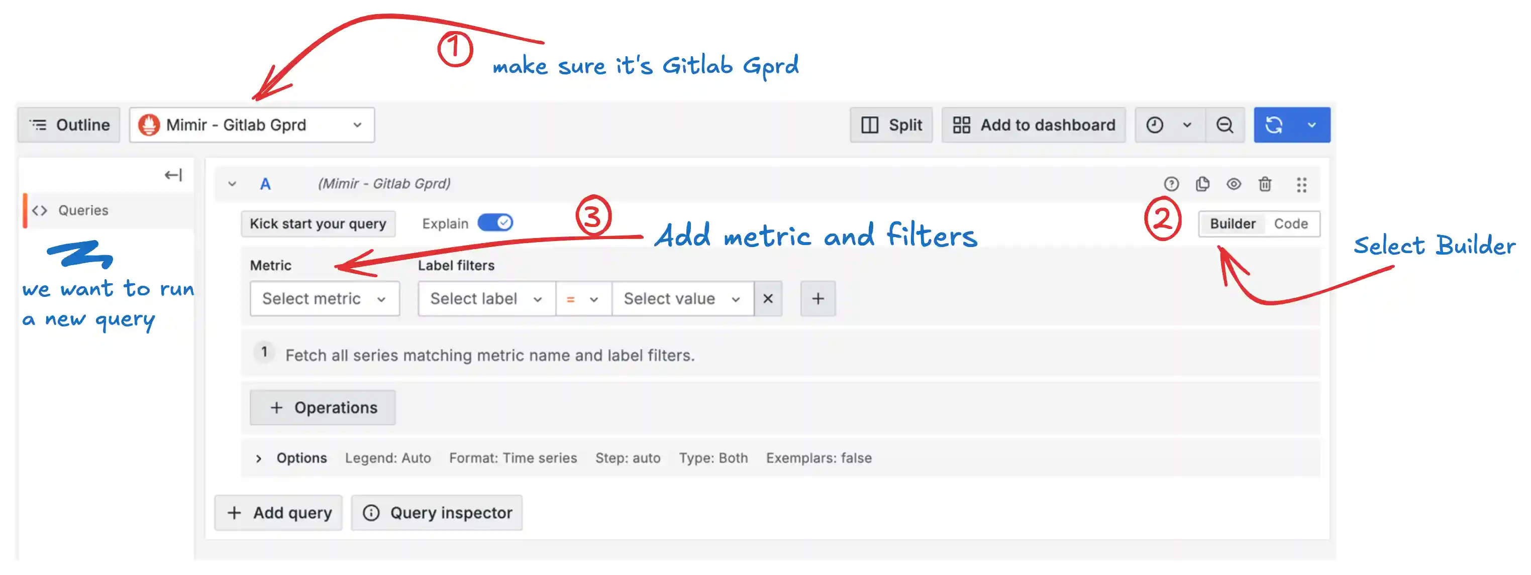 Grafana Explore view with query builder for metrics and time ranges.