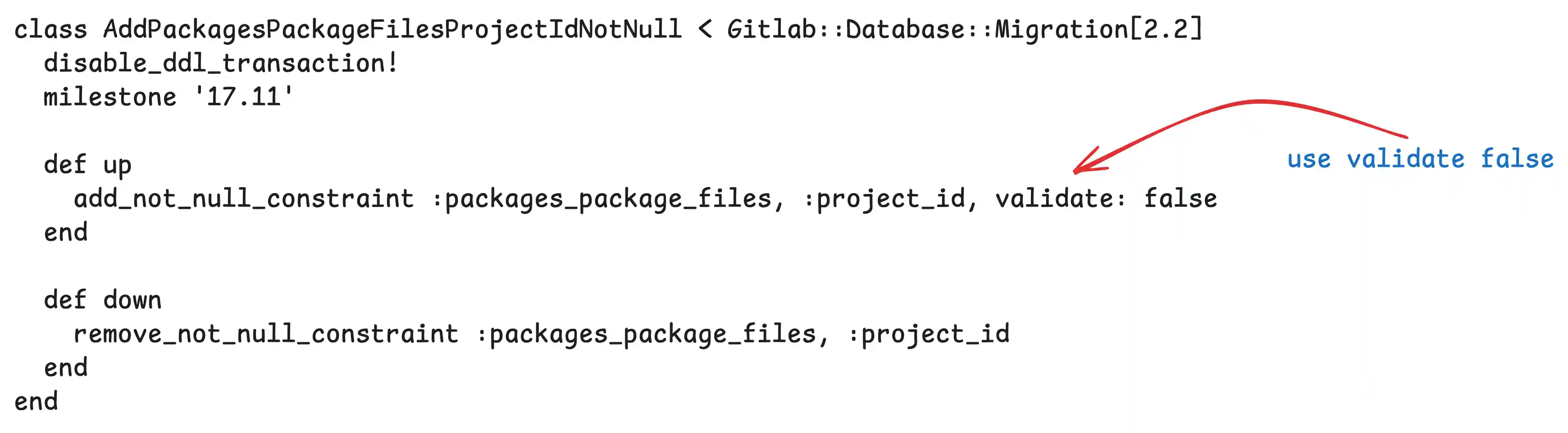Migration adding an unvalidated not null constraint on <code>project_id</code> for async validation.