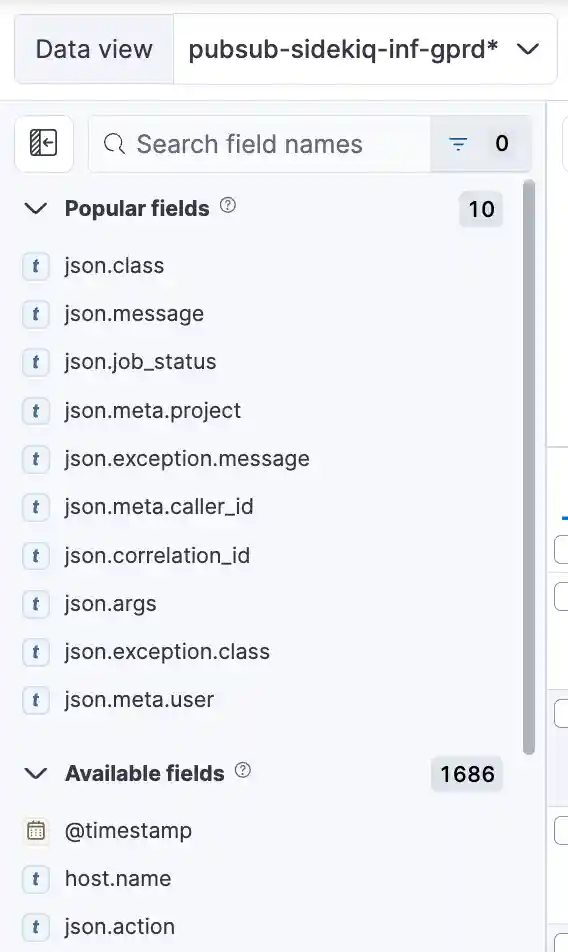 Kibana fields panel displaying available log fields including <code>job_class_name</code> and <code>new_state</code>.