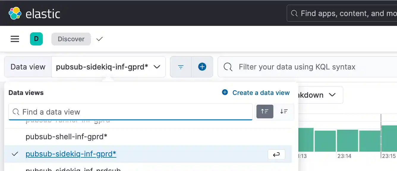Kibana data view selector showing the pubsub Sidekiq index pattern.