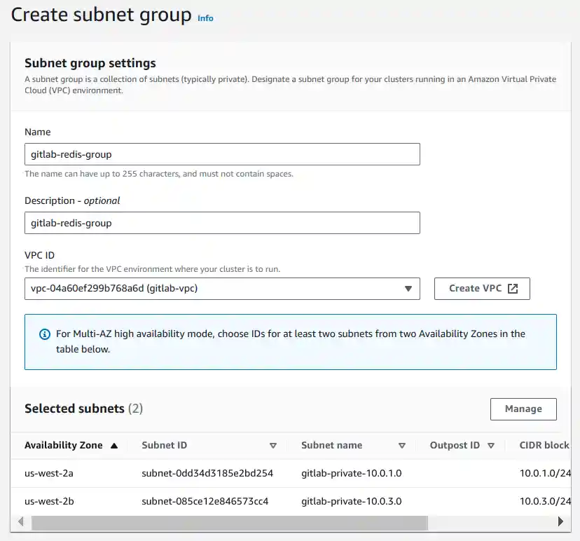 Create a subnet group for the GitLab Redis group.