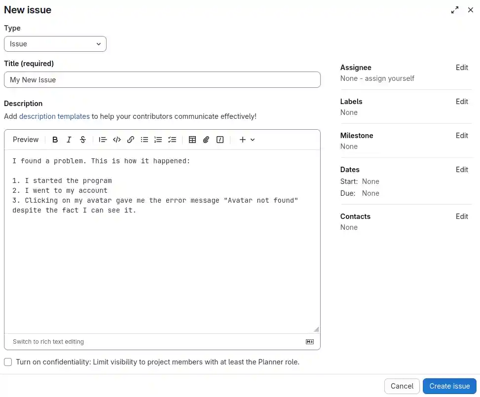 The New Issue dialog shows the fields “Type”, “Title”, and “Description.” Additional sidebar fields such as “Assignee”, “Labels”, “Milestone”, and “Dates” are also shown.