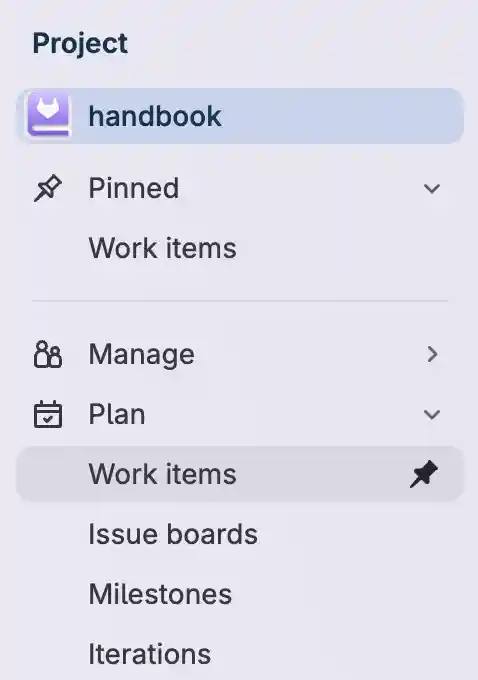 Sidebar showing the “Manage” and “Plan” menu items under the project header. Under the plan header, the “Work items” link is highlighted.