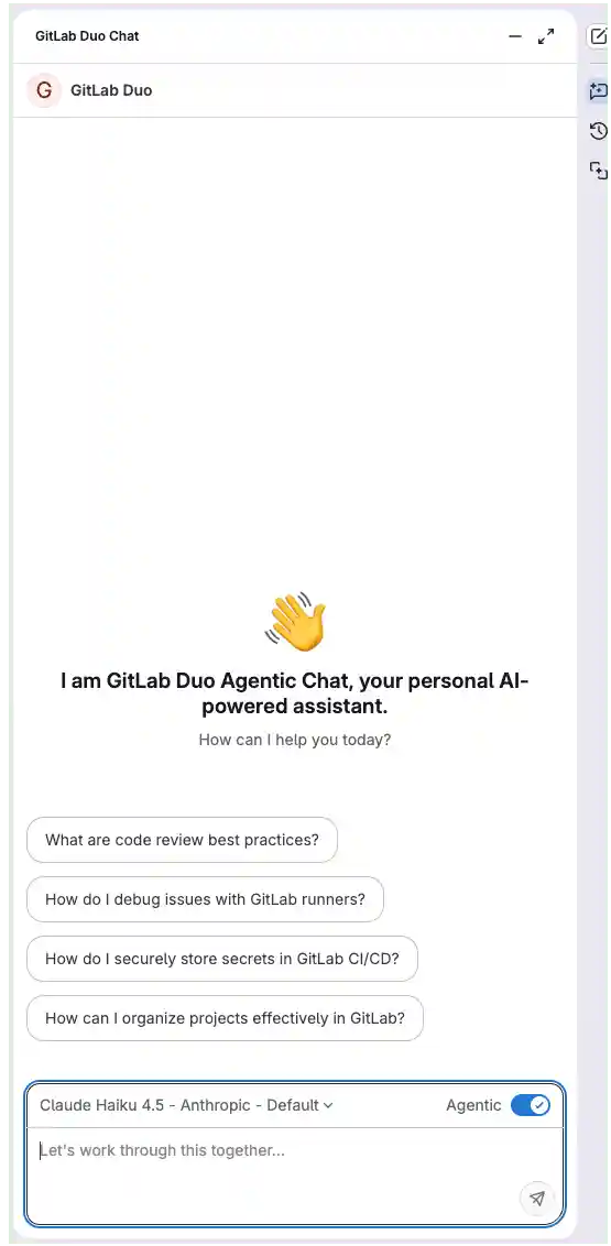 A new, empty chat in the GitLab Duo panel.