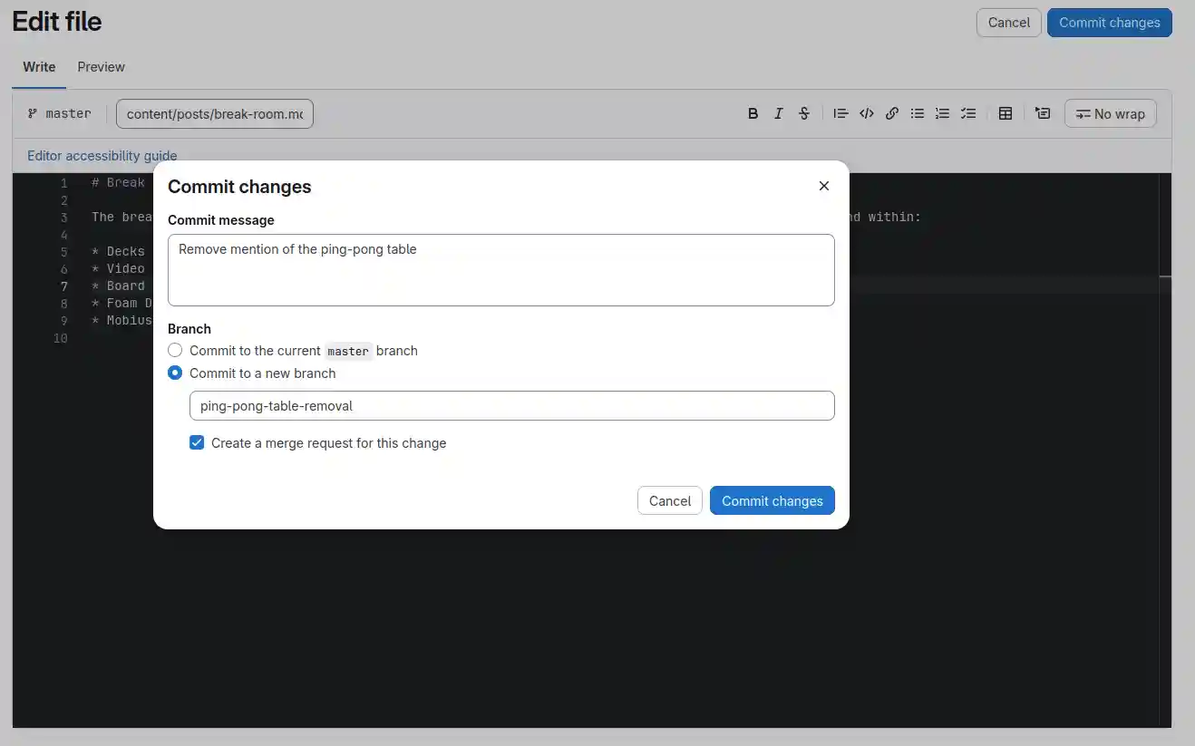 The commit changes form with example values. The commit message is “Remove mention of the ping-pong table”, “commit to a new branch” is selected, and the branch is named “ping-pong-table-removal”.