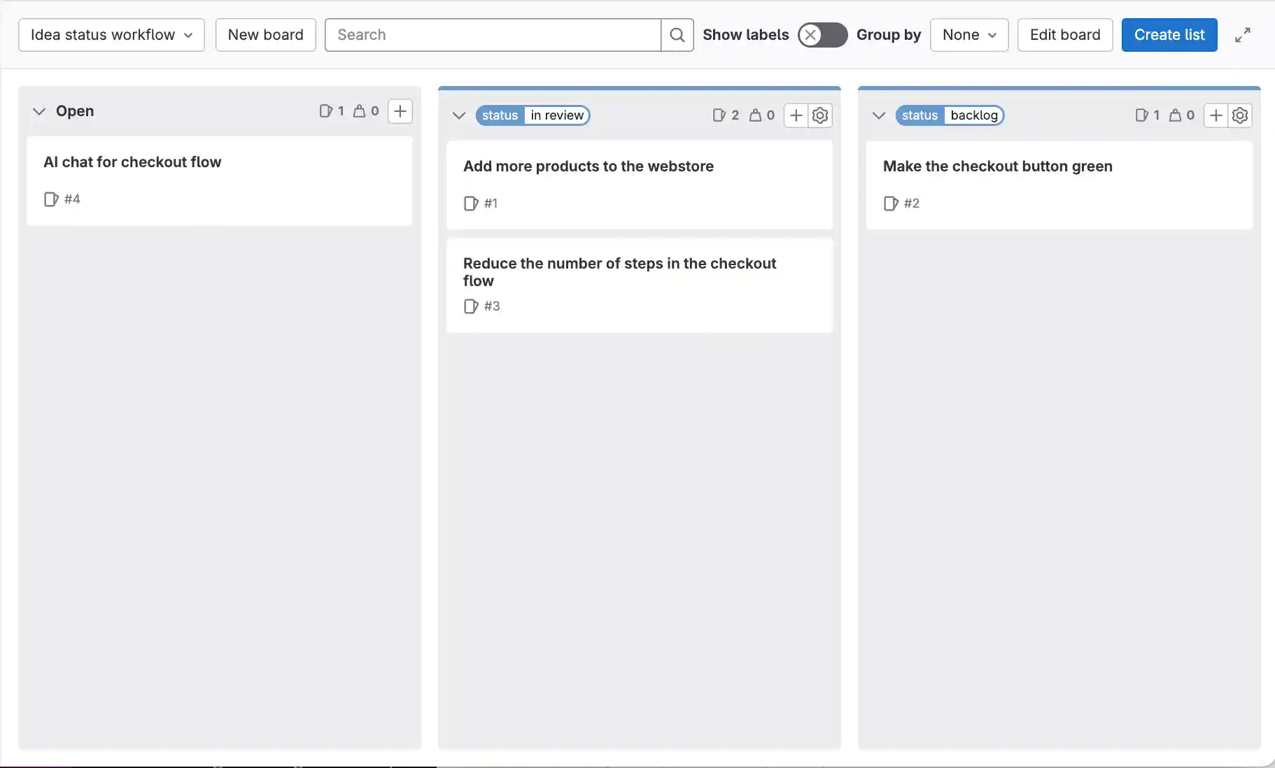 Idea issue board with example issues
