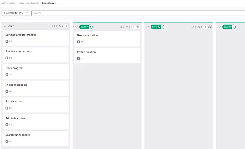 Issue board with unlabeled issues and prioritized “severity” labels for labeling issues
