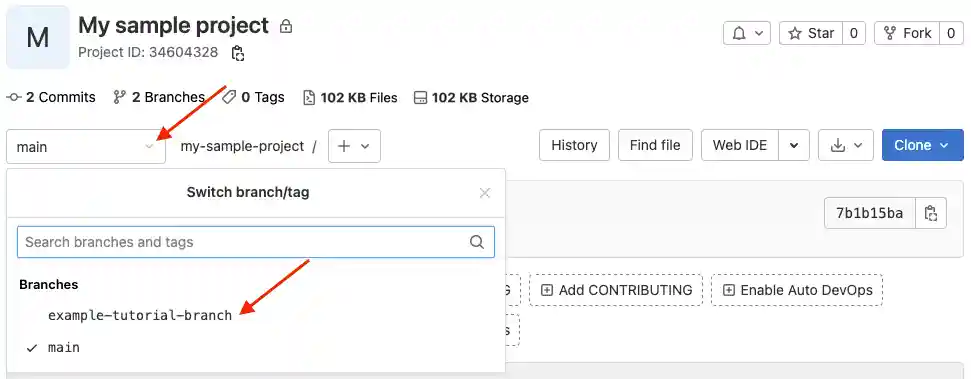 In the upper-left corner of page, red arrows indicate the branch switching area and highlight the branch you created