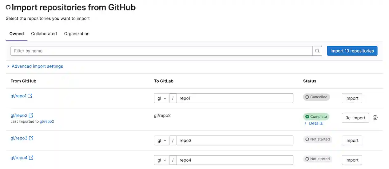 The GitHub importer page, which lists repositories to be imported into GitLab.