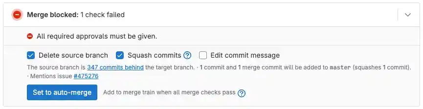 The merge request widget displays ‘All required approvals must be given’.