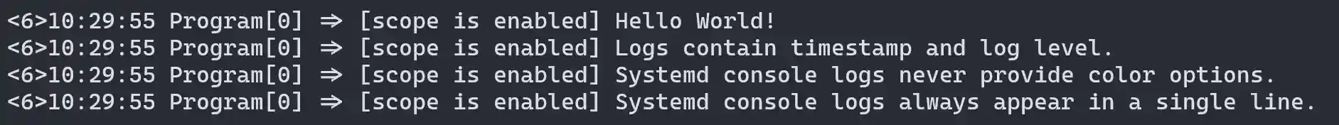 Example console logs written with the Systemd formatter.
