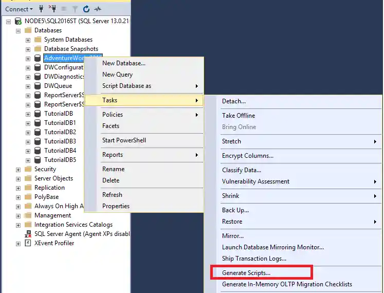 Screenshot of Generate scripts for databases.