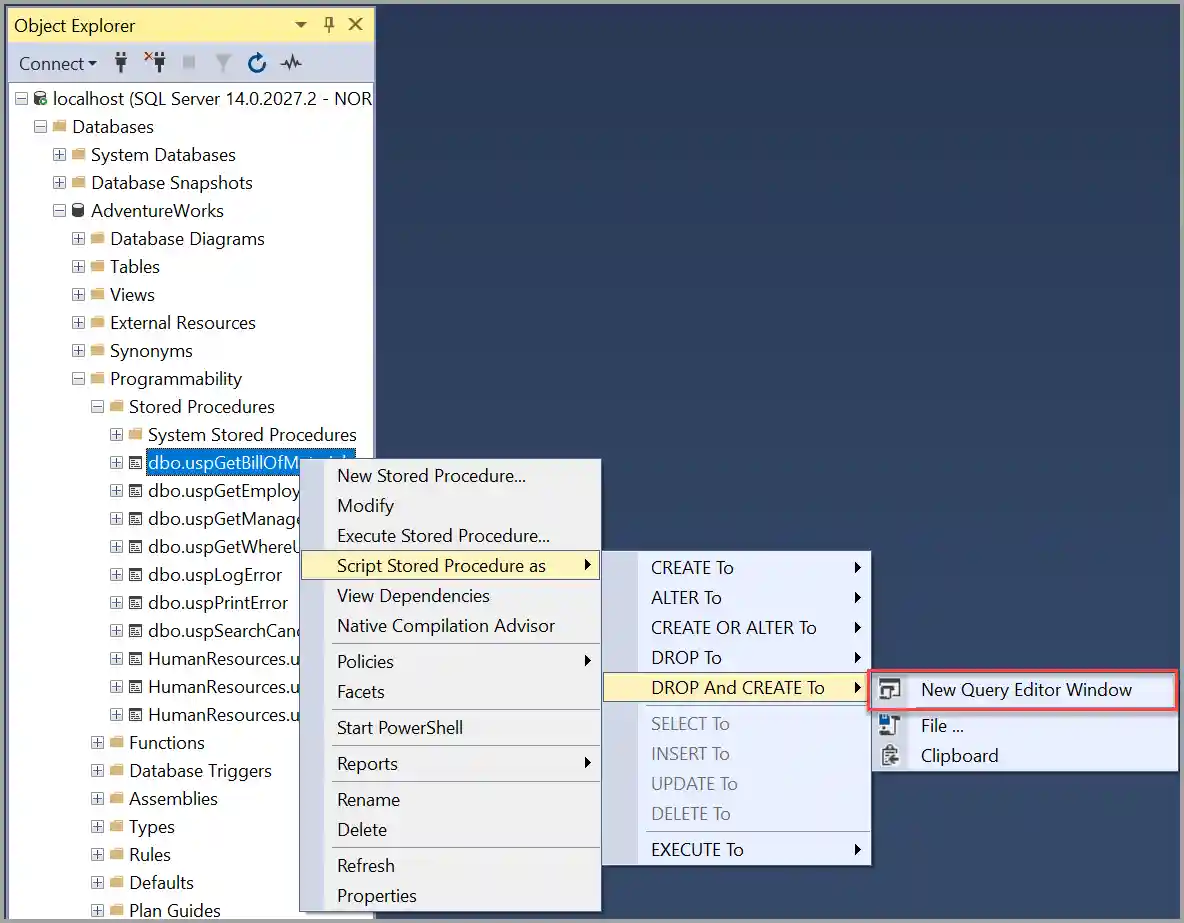Screenshot of Script stored procedures.