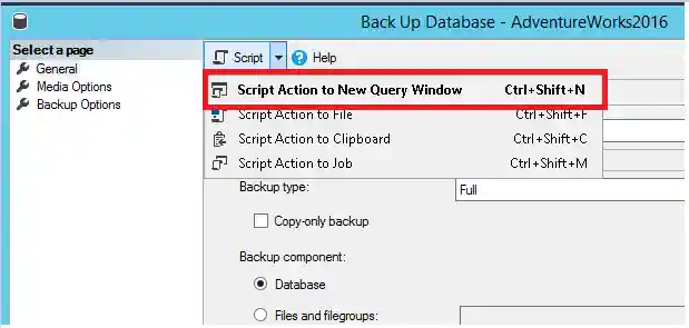 Screenshot of Script database backup--script action.