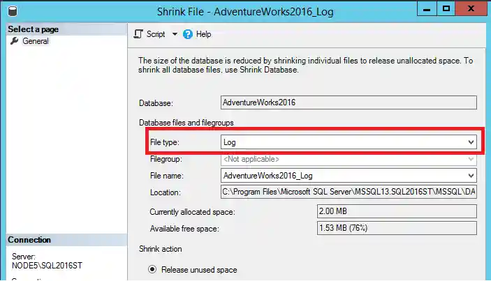 Screenshot of Shrink transaction log.