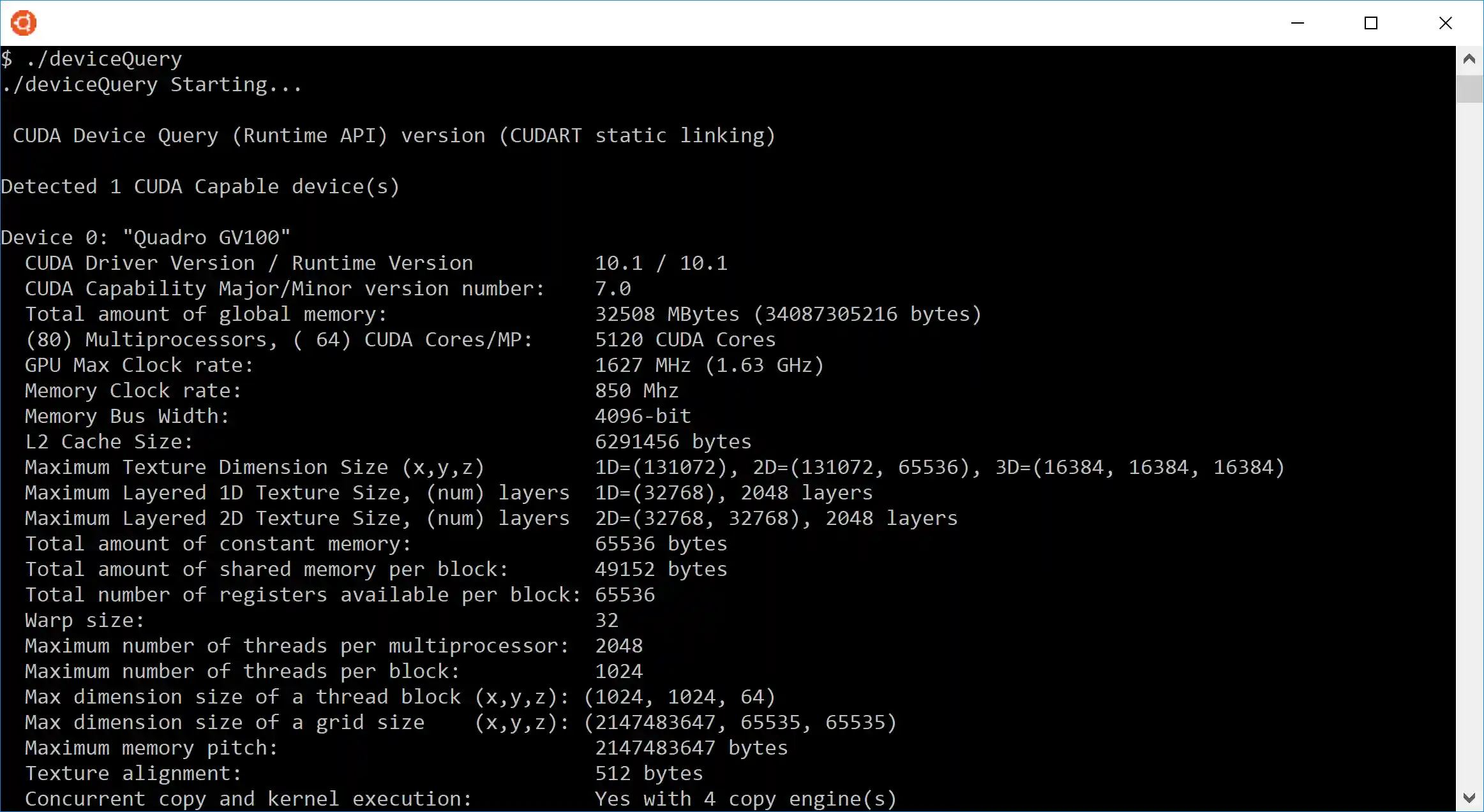 Sample CUDA configuration data reported by deviceQuery