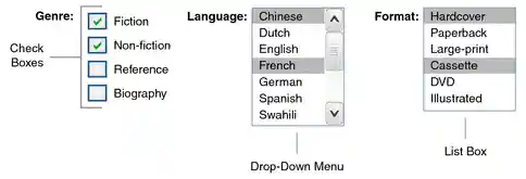 Check box set, drop-down menu, and list box.