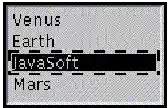 Shows a list containing: Venus, Earth, JavaSoft, and Mars. Javasoft is selected.