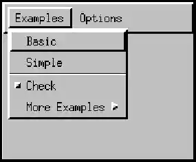 Diagram of MenuBar containing 2 menus: Examples and Options.
 Examples menu is expanded showing items: Basic, Simple, Check, and More Examples.